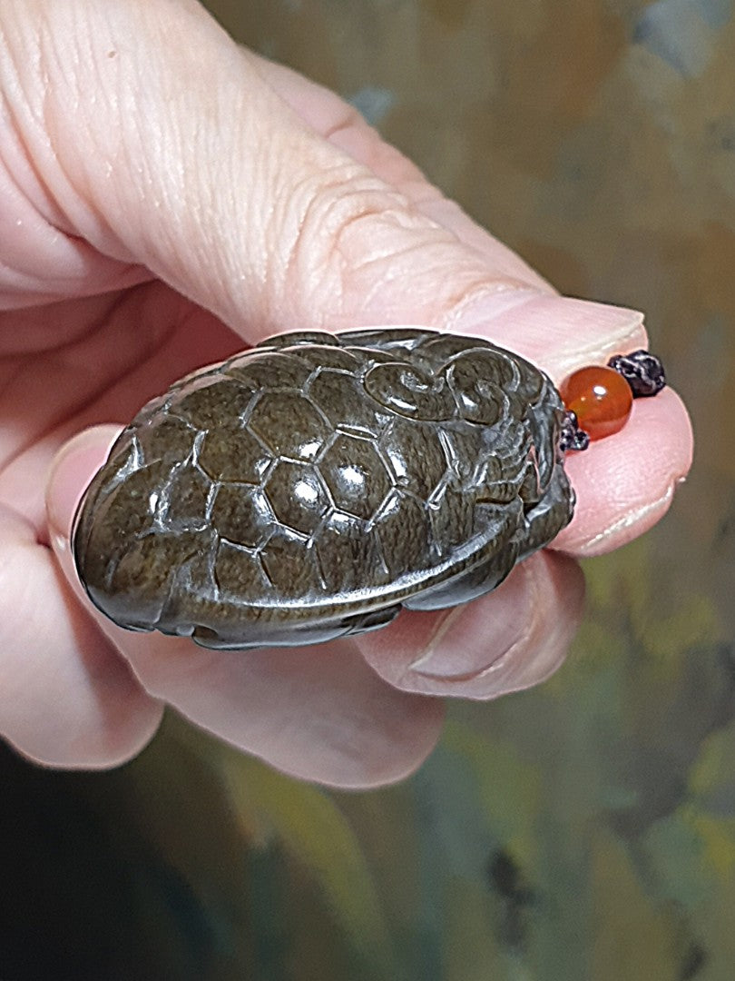 Premium Nephrite solid deep caramel brown hand carved  Dragon-Tortoise Jade pendant/handheld (with certificate) 和田玉且末棕糖全手工雕刻龙龟吊坠/手把(带证书)