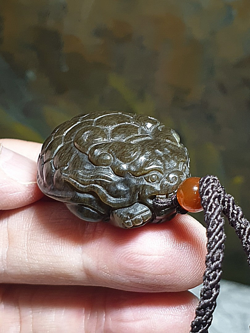 Premium Nephrite solid deep caramel brown hand carved  Dragon-Tortoise Jade pendant/handheld (with certificate) 和田玉且末棕糖全手工雕刻龙龟吊坠/手把(带证书)