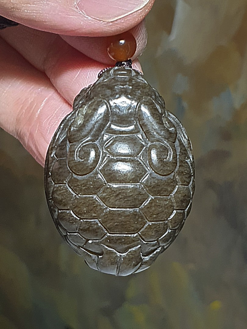 Premium Nephrite solid deep caramel brown hand carved  Dragon-Tortoise Jade pendant/handheld (with certificate) 和田玉且末棕糖全手工雕刻龙龟吊坠/手把(带证书)