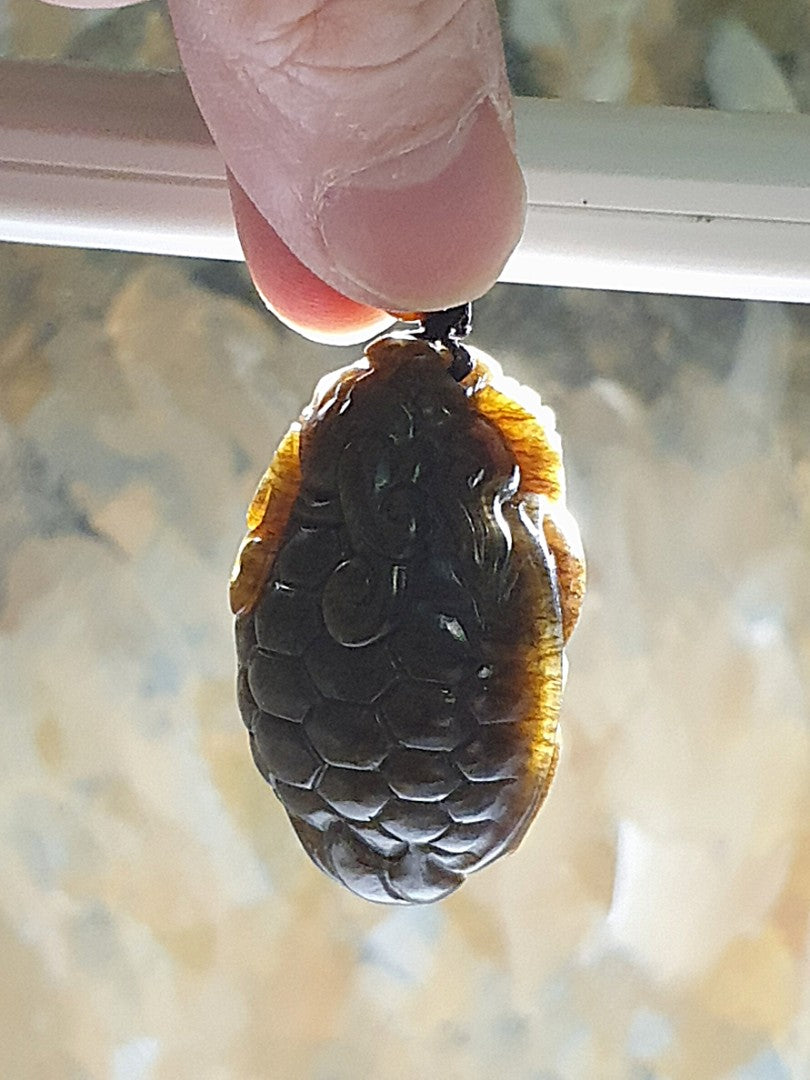 Premium Nephrite solid deep caramel brown hand carved  Dragon-Tortoise Jade pendant/handheld (with certificate) 和田玉且末棕糖全手工雕刻龙龟吊坠/手把(带证书)