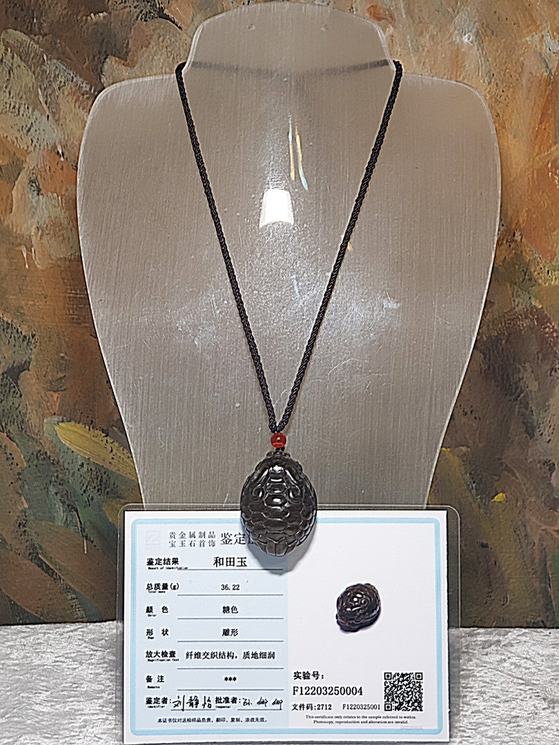 Premium Nephrite solid deep caramel brown hand carved  Dragon-Tortoise Jade pendant/handheld (with certificate) 和田玉且末棕糖全手工雕刻龙龟吊坠/手把(带证书)