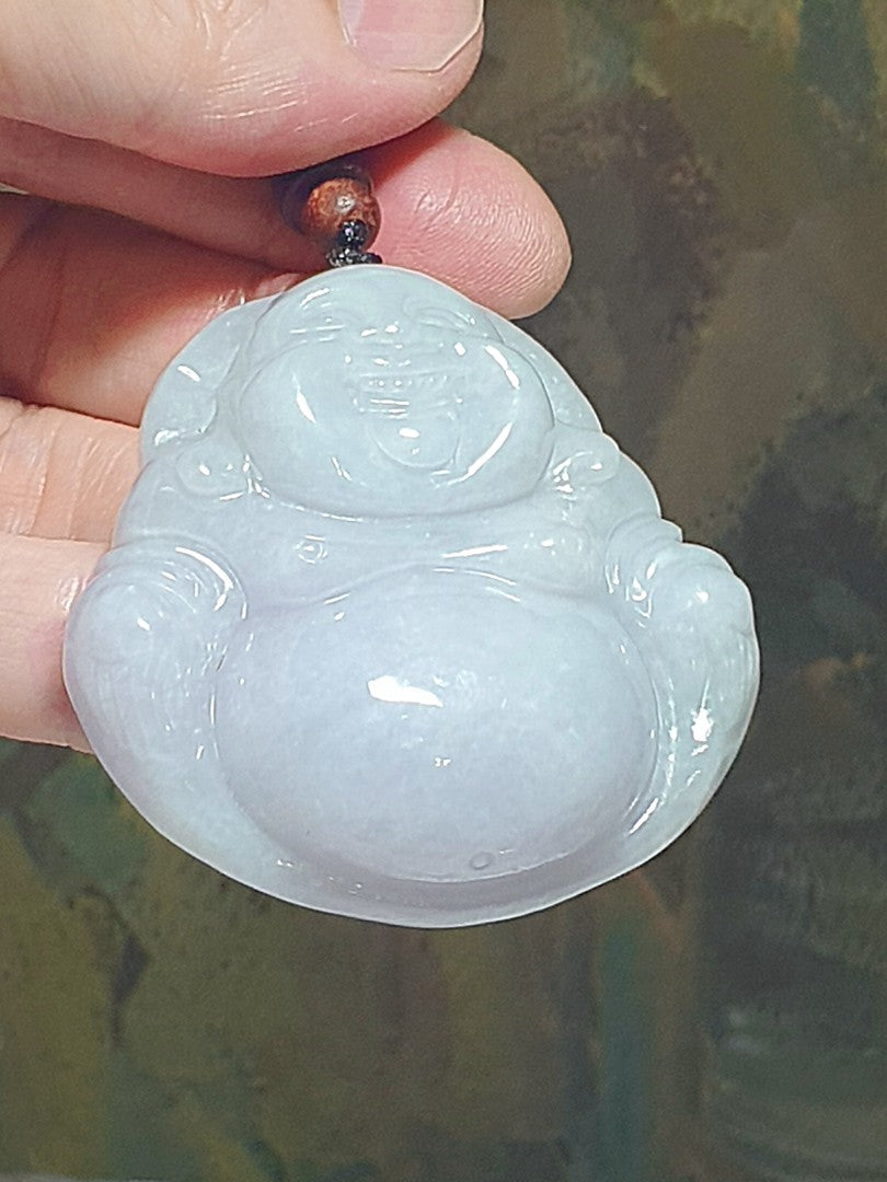 62.9 grams latge Type A Jadeite light lavender light greenish Laughing Buddha (Maitreya) Jade pendant/Handheld piece (with certificate) [Natual Crystal] 62.9克大号淡紫淡绿翡翠笑佛弥勒佛吊坠/手把件(带证书) 博学能容笑天下, 和气生财乐融融。