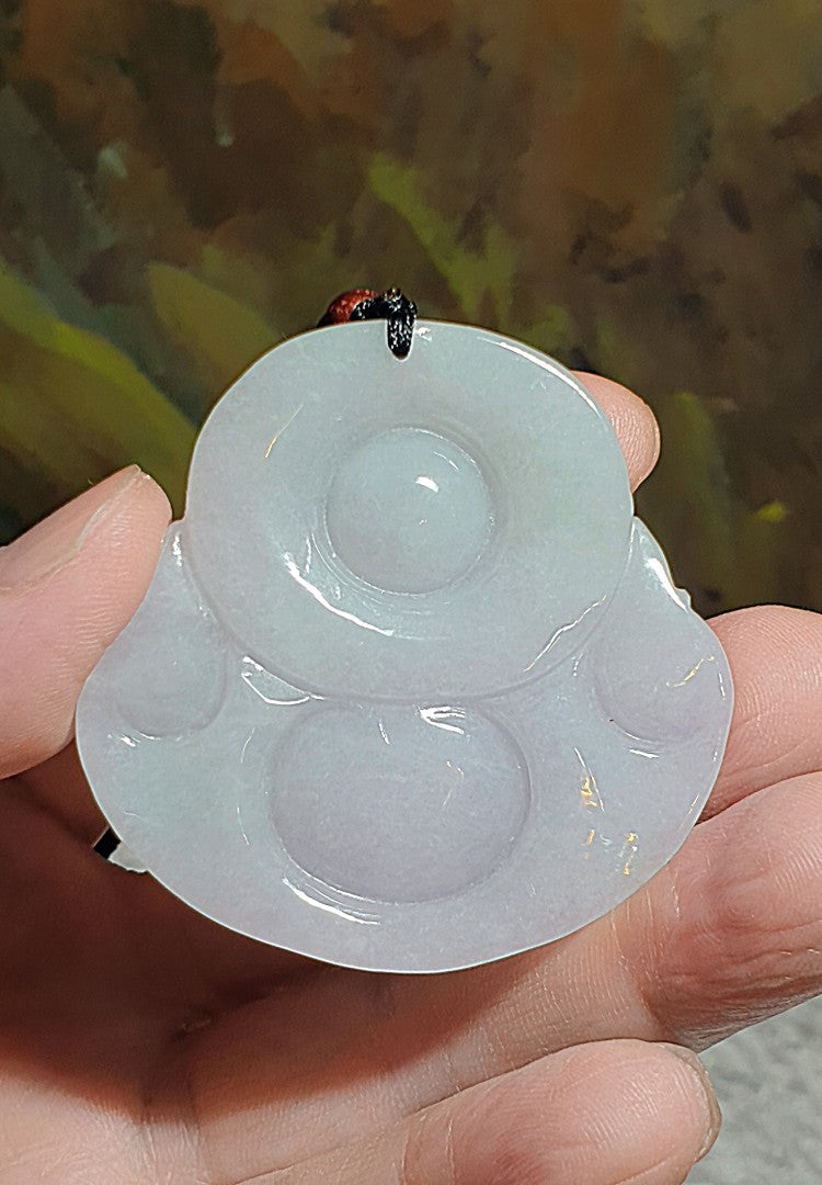 62.9 grams latge Type A Jadeite light lavender light greenish Laughing Buddha (Maitreya) Jade pendant/Handheld piece (with certificate) [Natual Crystal] 62.9克大号淡紫淡绿翡翠笑佛弥勒佛吊坠/手把件(带证书) 博学能容笑天下, 和气生财乐融融。