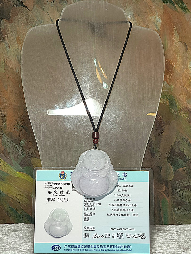62.9 grams latge Type A Jadeite light lavender light greenish Laughing Buddha (Maitreya) Jade pendant/Handheld piece (with certificate) [Natual Crystal] 62.9克大号淡紫淡绿翡翠笑佛弥勒佛吊坠/手把件(带证书) 博学能容笑天下, 和气生财乐融融。