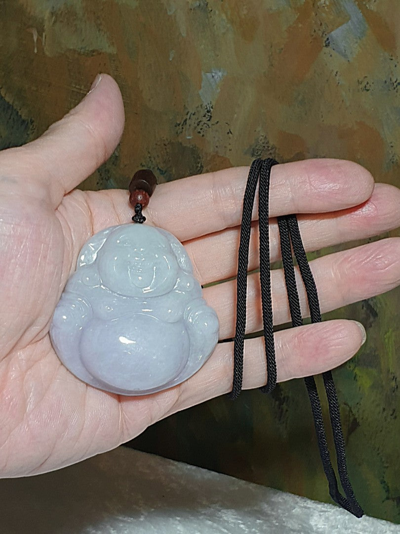 62.9 grams latge Type A Jadeite light lavender light greenish Laughing Buddha (Maitreya) Jade pendant/Handheld piece (with certificate) [Natual Crystal] 62.9克大号淡紫淡绿翡翠笑佛弥勒佛吊坠/手把件(带证书) 博学能容笑天下, 和气生财乐融融。