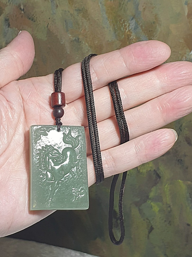 Nephrite light greenish Horse and Bat Jade pendant (with certificate) [Natural Crystal] 和田玉青白福(蝙蝠)马吊坠(带证书)