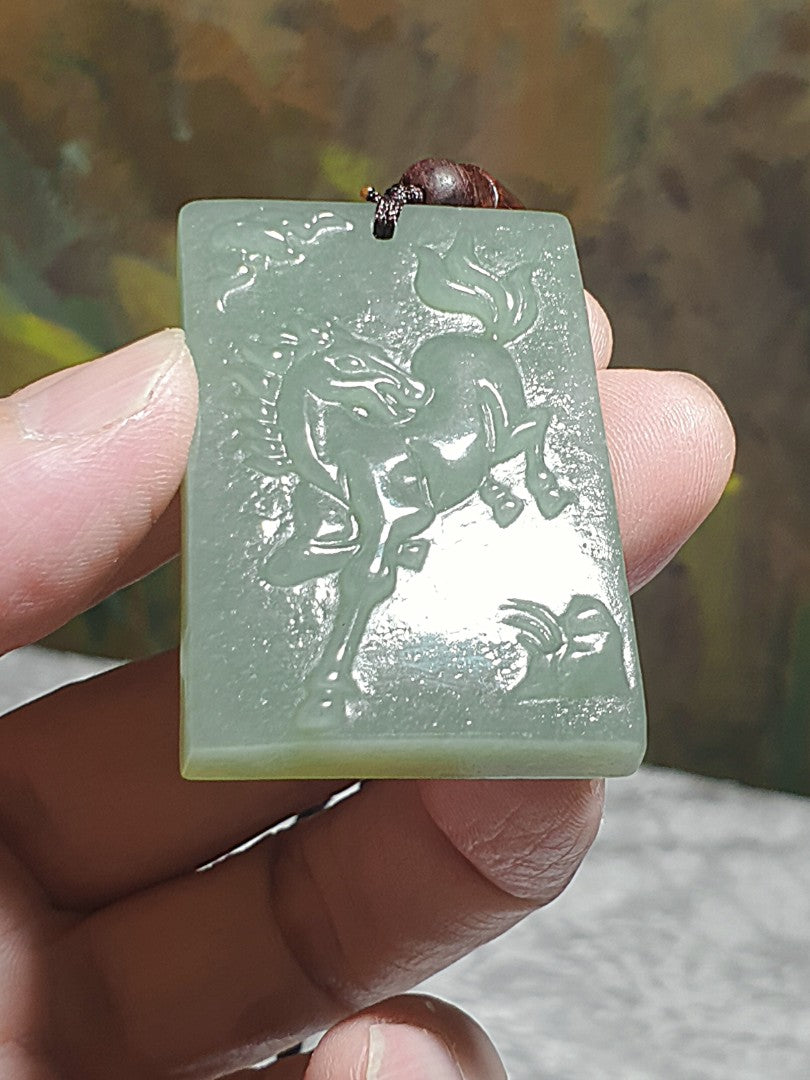 Nephrite light greenish Horse and Bat Jade pendant (with certificate) [Natural Crystal] 和田玉青白福(蝙蝠)马吊坠(带证书)