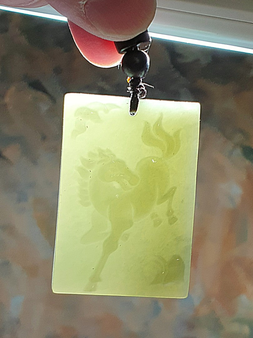 Nephrite light greenish Horse and Bat Jade pendant (with certificate) [Natural Crystal] 和田玉青白福(蝙蝠)马吊坠(带证书)