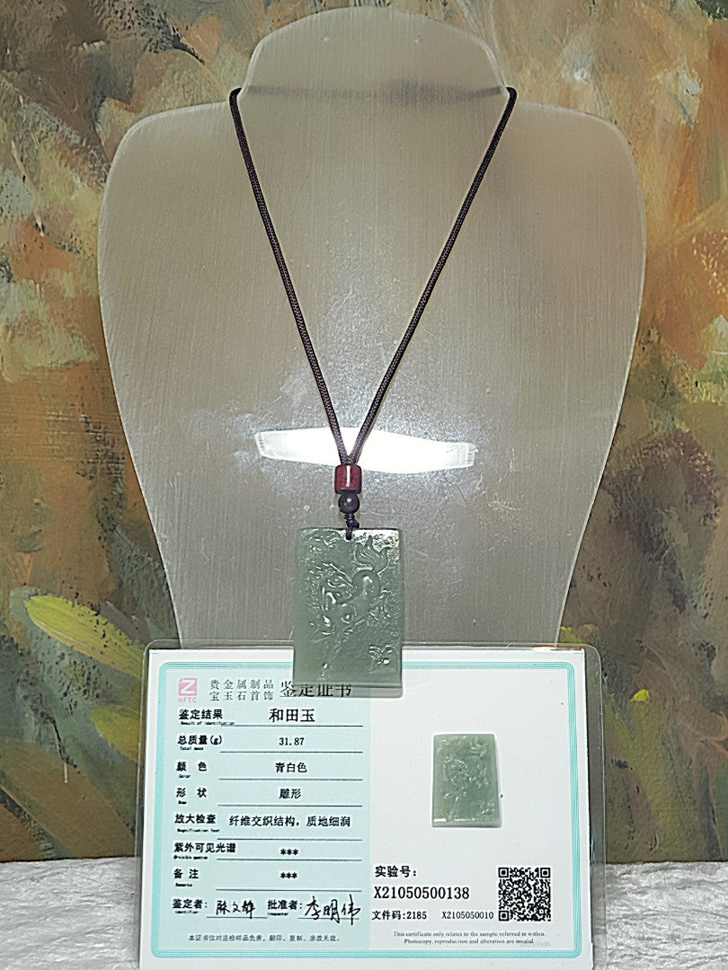 Nephrite light greenish Horse and Bat Jade pendant (with certificate) [Natural Crystal] 和田玉青白福(蝙蝠)马吊坠(带证书)