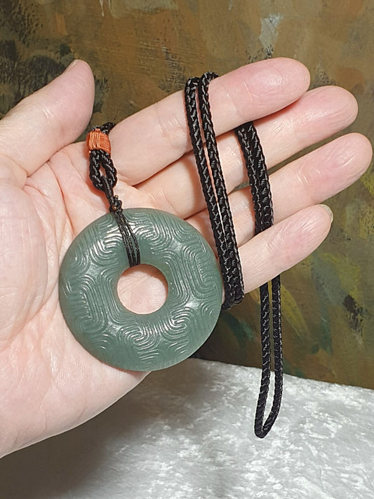 Nephrite light blueish greenish double sides carvings auspicious ruyi Donut "Bi" (with certificate) [Natural Crystal] 和田玉且末蓝调青白双面雕刻回纹如意吉祥玉璧平安扣(带证书)