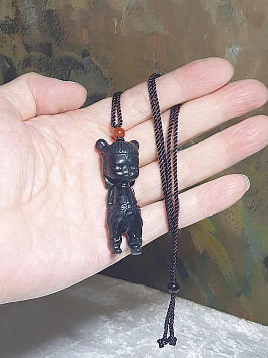 Premium Nephrite Qinghua "ink black" hand carved 3 dimensional Nezha Jade pendant (with certificate) [Natural Crystal] 优质和田玉聚墨青花手工立体雕刻哪吒吊坠(带证书)