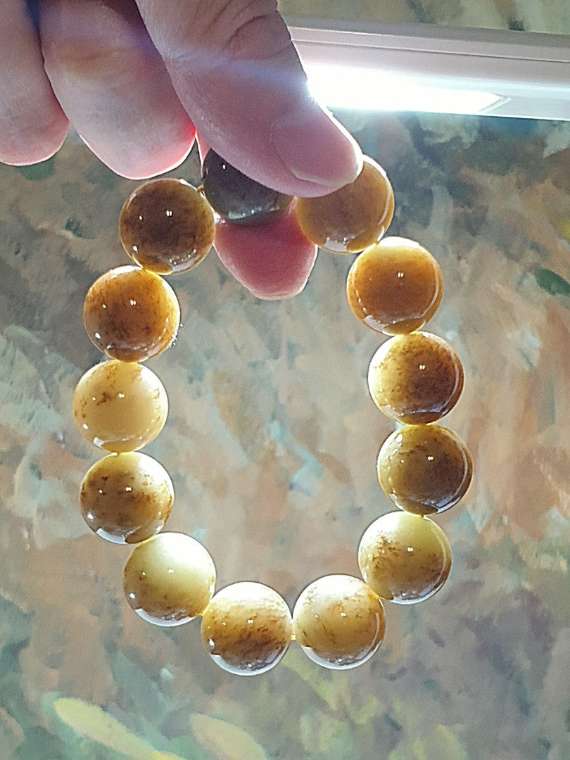 16mm Premium Nephrite light greenish caramel brownish bracelet (with certificate) [Natural Crystal] 16毫米和田玉且末青白糖手链(带证书)