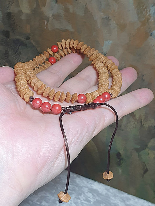 8.3mm "Double sides Lotus" seed (Gold Leaf Bodhi) 108 mala with natural purest Cinnabar necklace 8.3毫米天然双面莲花(又名钱串子、金叶菩提、金钱菩提、招财纳福)108念珠配6.7毫米原矿朱砂圆珠项链