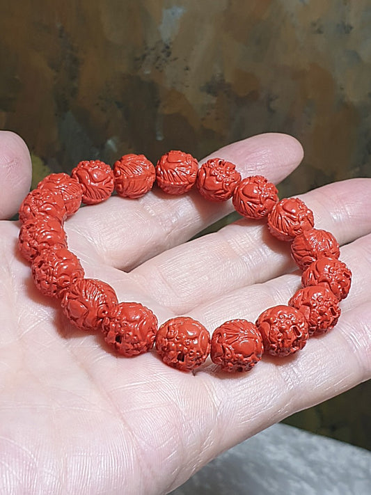 10.8mm purest natural Cinnabar high relief 3 dimensional carvings Pi Xiu bracelet [Natural Crystal] 10.8毫米原矿朱砂高浮雕立体发财貔貅手链