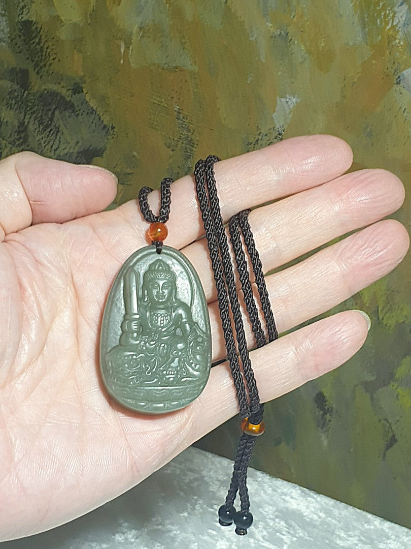 Nephrite light greenish with yellowish hue Manjusri (for zodiac sign Rabbit) pendant (with certificate) [Natural crystal] 和田玉淡绿微黄调文殊菩萨(生肖兔)吊坠(带证书)