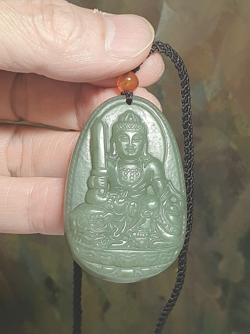 Nephrite light greenish with yellowish hue Manjusri (for zodiac sign Rabbit) pendant (with certificate) [Natural crystal] 和田玉淡绿微黄调文殊菩萨(生肖兔)吊坠(带证书)