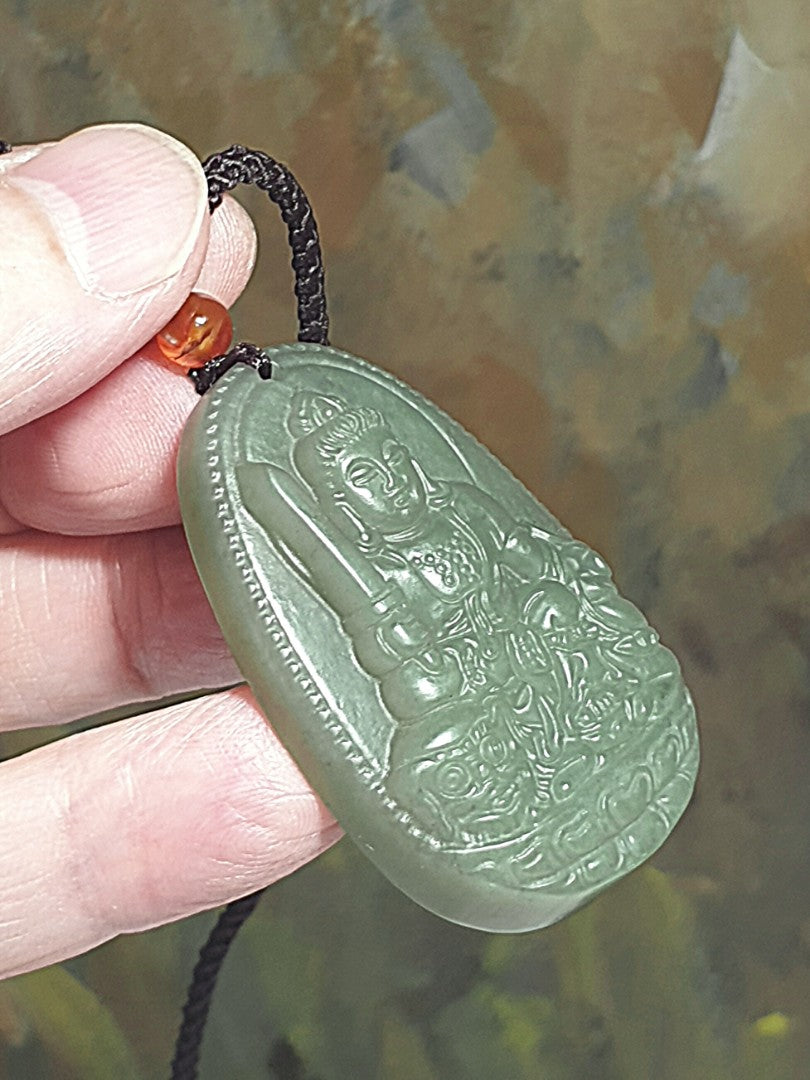 Nephrite light greenish with yellowish hue Manjusri (for zodiac sign Rabbit) pendant (with certificate) [Natural crystal] 和田玉淡绿微黄调文殊菩萨(生肖兔)吊坠(带证书)