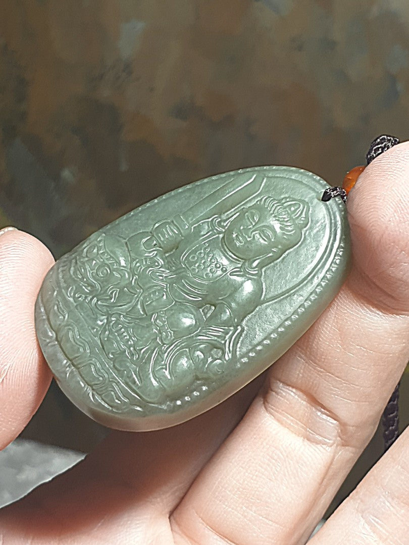 Nephrite light greenish with yellowish hue Manjusri (for zodiac sign Rabbit) pendant (with certificate) [Natural crystal] 和田玉淡绿微黄调文殊菩萨(生肖兔)吊坠(带证书)