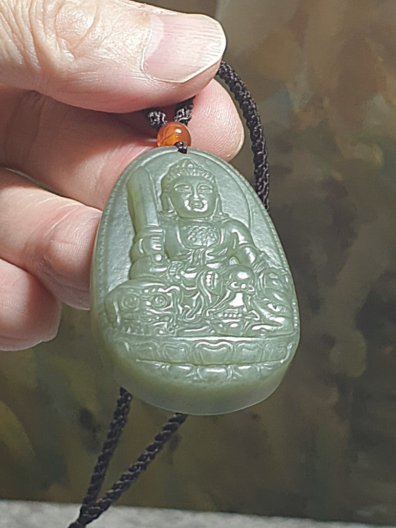 Nephrite light greenish with yellowish hue Manjusri (for zodiac sign Rabbit) pendant (with certificate) [Natural crystal] 和田玉淡绿微黄调文殊菩萨(生肖兔)吊坠(带证书)