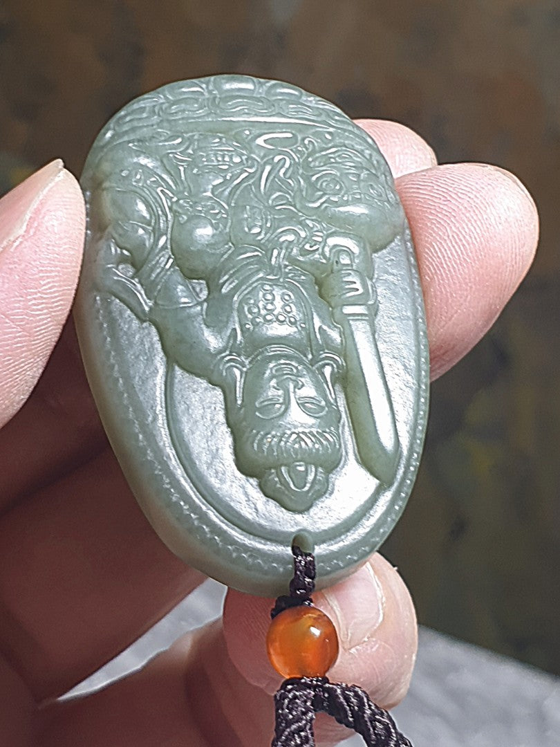 Nephrite light greenish with yellowish hue Manjusri (for zodiac sign Rabbit) pendant (with certificate) [Natural crystal] 和田玉淡绿微黄调文殊菩萨(生肖兔)吊坠(带证书)