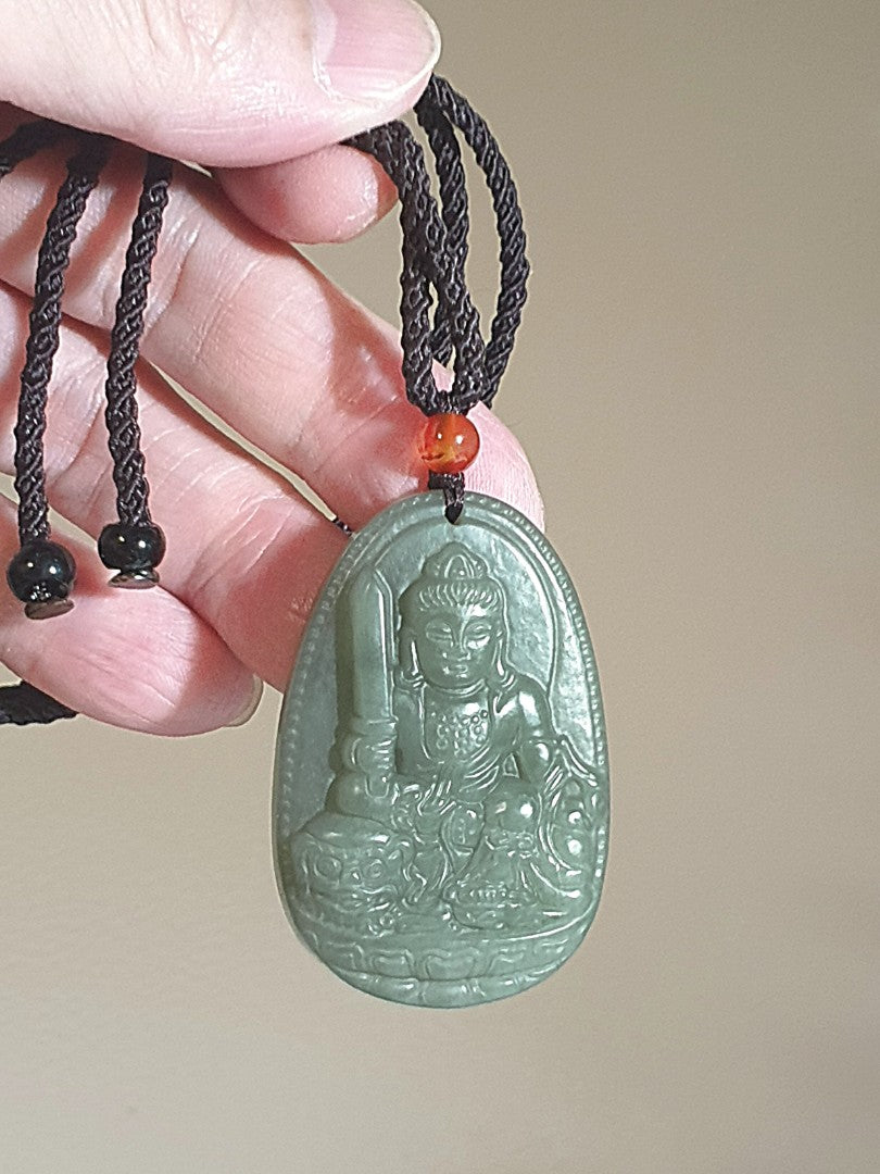 Nephrite light greenish with yellowish hue Manjusri (for zodiac sign Rabbit) pendant (with certificate) [Natural crystal] 和田玉淡绿微黄调文殊菩萨(生肖兔)吊坠(带证书)