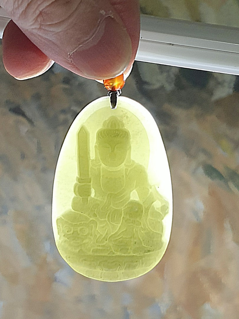 Nephrite light greenish with yellowish hue Manjusri (for zodiac sign Rabbit) pendant (with certificate) [Natural crystal] 和田玉淡绿微黄调文殊菩萨(生肖兔)吊坠(带证书)