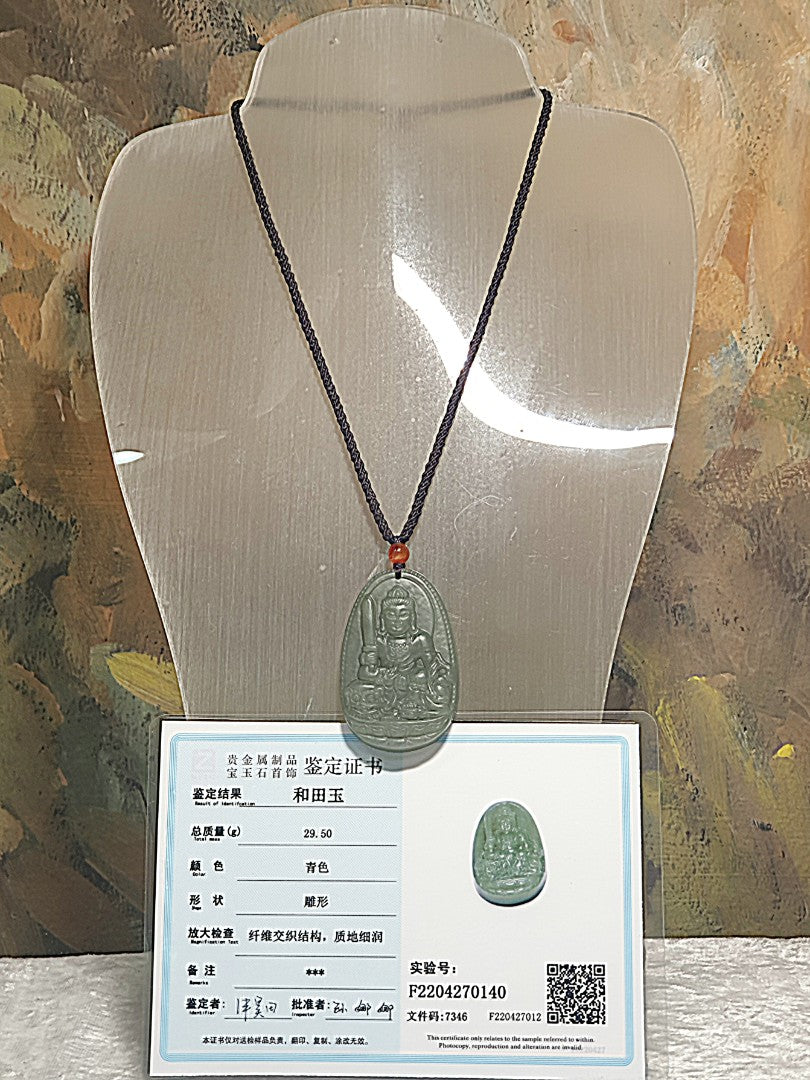 Nephrite light greenish with yellowish hue Manjusri (for zodiac sign Rabbit) pendant (with certificate) [Natural crystal] 和田玉淡绿微黄调文殊菩萨(生肖兔)吊坠(带证书)