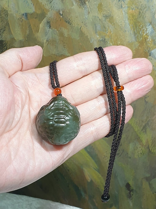 Premium Nephrite 2 tones bluish green caramel brown hand carved  Dragon-Tortoise Jade pendant/handheld (with certificate) 和田玉且末蓝调青白糖双色全手工雕刻龙龟吊坠/手把(带证书)