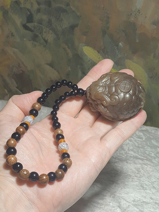 130 grams large size premium Nephrite old yellowish caramel brown hand carved  Dragon-Tortoise Jade handheld/display (with certificate) 130克大尺寸和田玉且末老黄糖全手工雕刻龙龟手把/摆件/茶宠(带证书)
