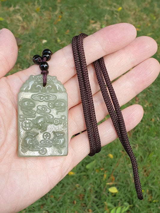 Natural Nephrite smoky greenish with smoky purplish 5 rats & Chinese ancient coins Jade pendant (with certificate) 和田玉烟青带烟紫五鼠铜钱(五鼠运财/五子登科)吊坠(带证书)