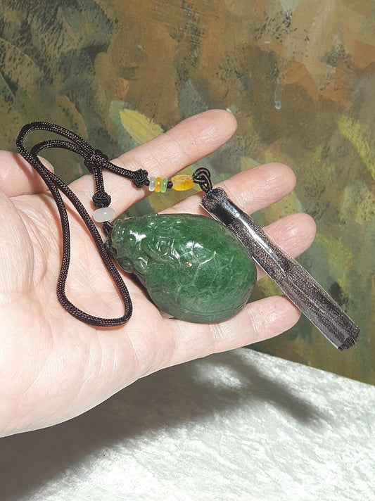 Natural Nephrite fruit green with yellow hue hand carved 3-dimensional Dragon-Tortoise Jade handheld/display (with certificate) [Natural Crystal] 和田玉碧玉乌兰海黄调果绿纯手工雕刻立体龙龟手把/小摆件(带证书)