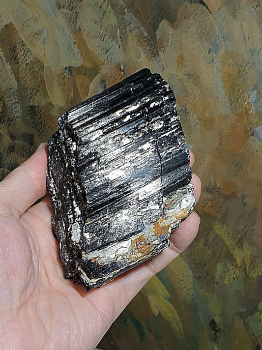 445 grams raw Black Tourmaline with silvery Mica very reflective surface (free solid wood stand) [Natural Crystal] 445克黑碧玺原石带云母片超亮皮送实木底座