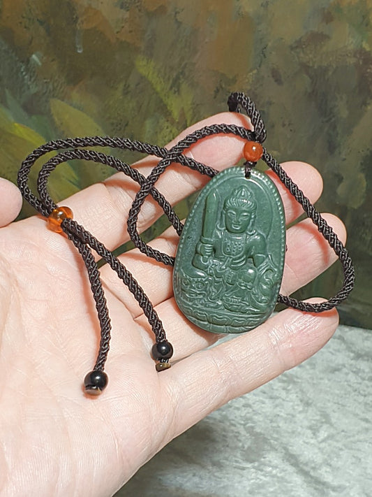 Green Nephrite Manjusri Pusa Jade pendant (with certificate) [Natural Crystal] 和田玉青玉文殊师利菩萨吊坠(带证书)