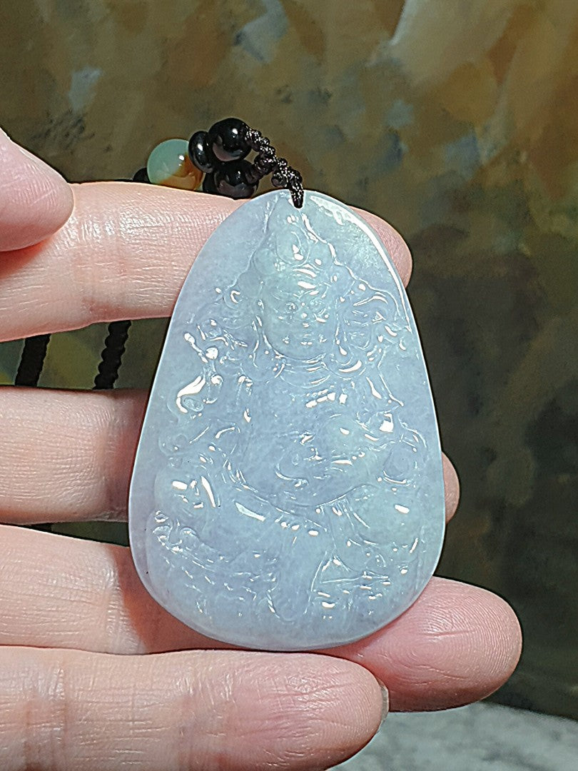 Type A Jadeite light greenish light purplish Tibetan Jambhala (God of Wealth) Jade pendant (with certificate) 翡翠淡紫绿藏密黄财神吊坠(带证书) #2