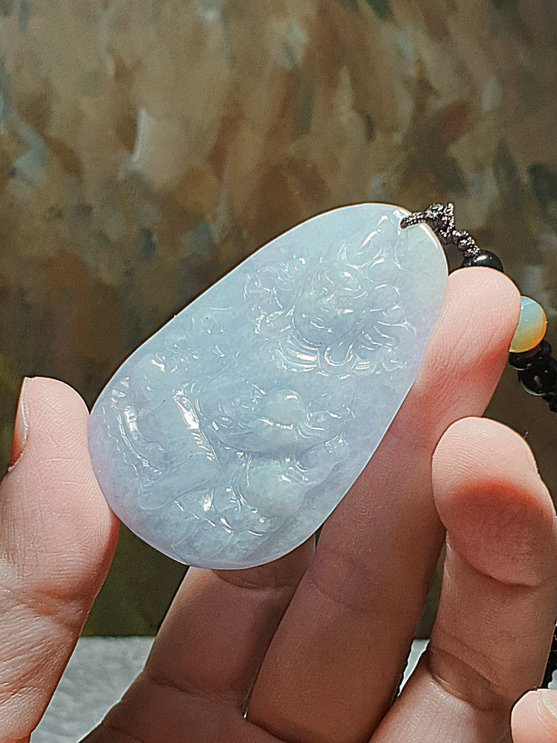 Type A Jadeite light greenish light purplish Tibetan Jambhala (God of Wealth) Jade pendant (with certificate) 翡翠淡紫绿藏密黄财神吊坠(带证书) #2