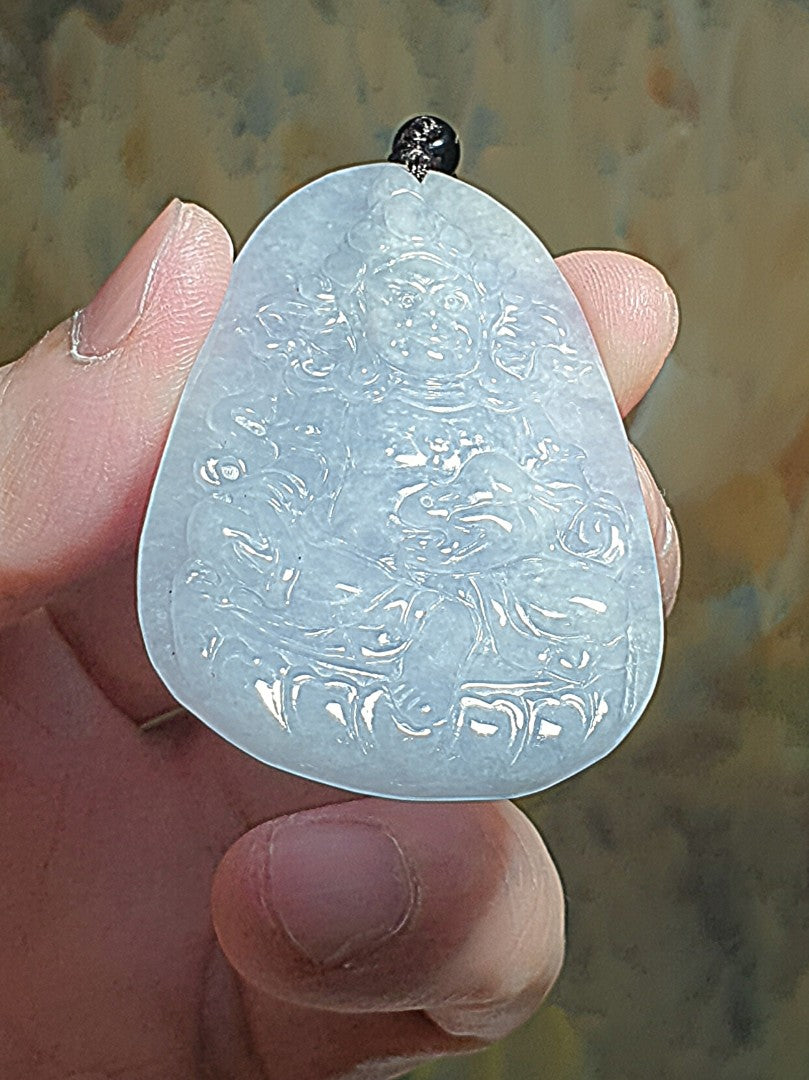 Type A Jadeite light greenish light purplish Tibetan Jambhala (God of Wealth) Jade pendant (with certificate) 翡翠淡紫绿藏密黄财神吊坠(带证书) #2