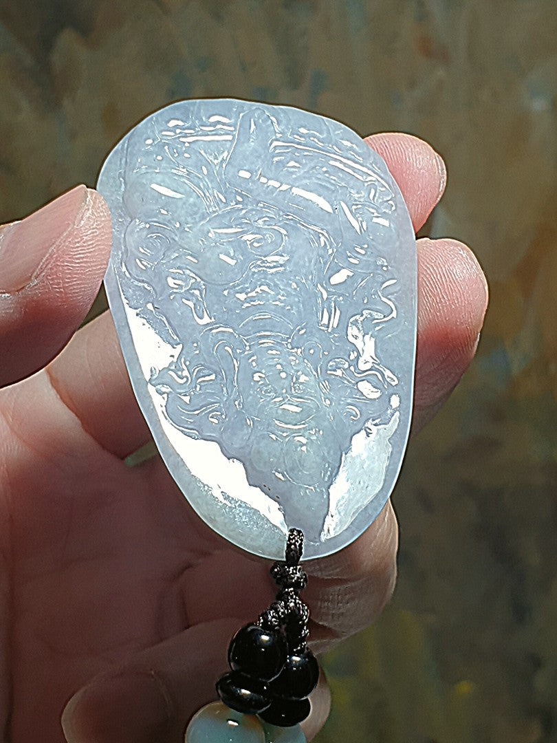 Type A Jadeite light greenish light purplish Tibetan Jambhala (God of Wealth) Jade pendant (with certificate) 翡翠淡紫绿藏密黄财神吊坠(带证书) #2