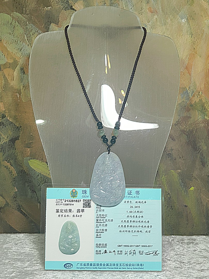 Type A Jadeite light greenish light purplish Tibetan Jambhala (God of Wealth) Jade pendant (with certificate) 翡翠淡紫绿藏密黄财神吊坠(带证书) #2